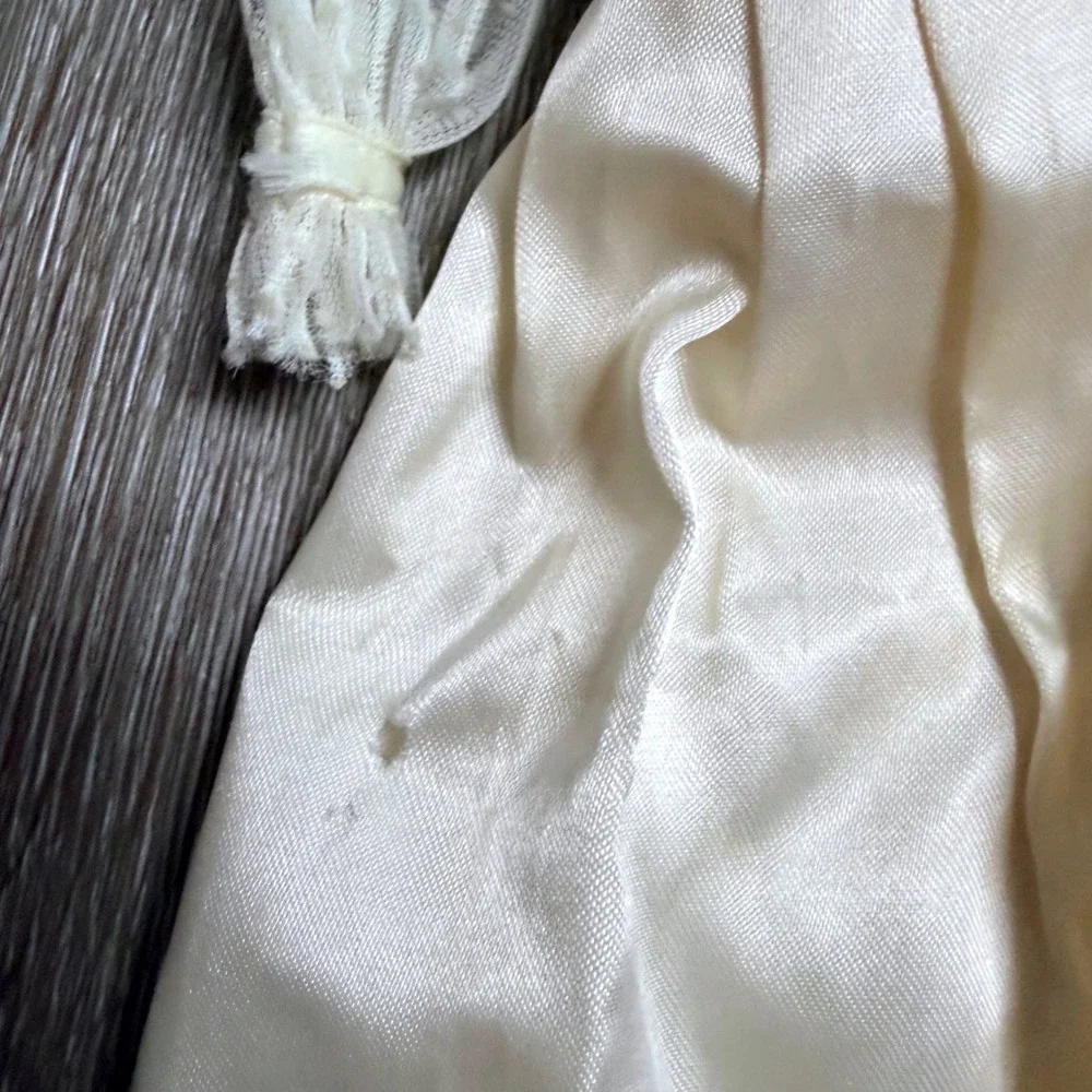 Vintage Cream Satin Doll Wedding Dress Sheer Ruffle Sleeves Long Formal Gown